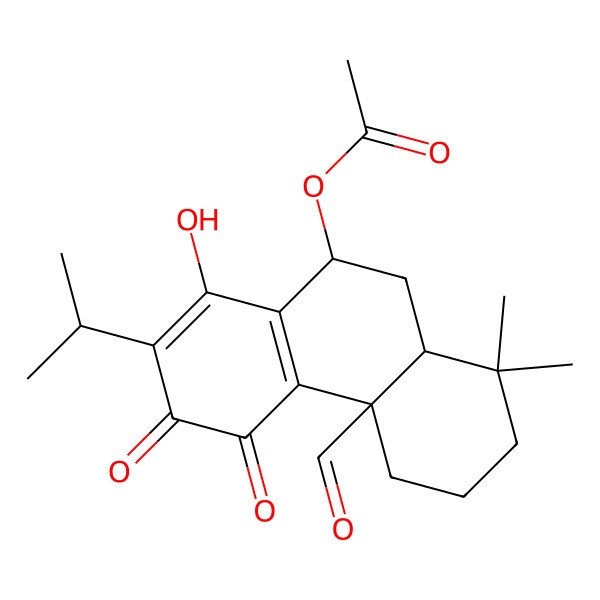 2D Structure of (4a-Formyl-6-hydroxy-7-isopropyl-1,1-dimethyl-5,8-dioxo-2,3,4,9,10,10a-hexahydrophenanthren-9-yl) acetate