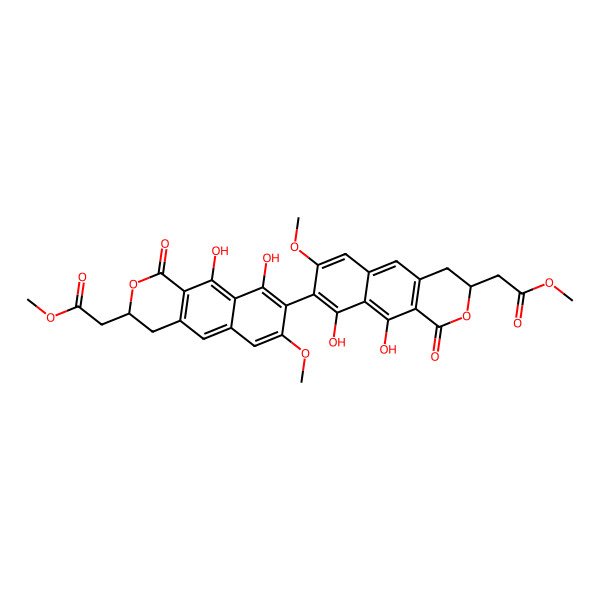 2D Structure of Methyl 2-[8-[9,10-dihydroxy-7-methoxy-3-(2-methoxy-2-oxoethyl)-1-oxo-3,4-dihydrobenzo[g]isochromen-8-yl]-9,10-dihydroxy-7-methoxy-1-oxo-3,4-dihydrobenzo[g]isochromen-3-yl]acetate