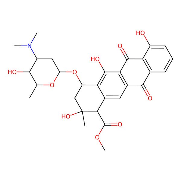2D Structure of methyl (1R,2S,4R)-4-[(2S,4S,5R,6S)-4-(dimethylamino)-5-hydroxy-6-methyloxan-2-yl]oxy-2,5,7-trihydroxy-2-methyl-6,11-dioxo-3,4-dihydro-1H-tetracene-1-carboxylate