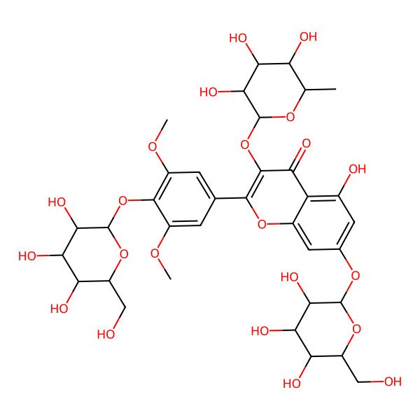 2D Structure of 2-[3,5-Dimethoxy-4-[3,4,5-trihydroxy-6-(hydroxymethyl)oxan-2-yl]oxyphenyl]-5-hydroxy-7-[3,4,5-trihydroxy-6-(hydroxymethyl)oxan-2-yl]oxy-3-(3,4,5-trihydroxy-6-methyloxan-2-yl)oxychromen-4-one