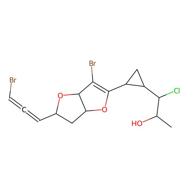 2D Structure of 1-[2-[6-Bromo-2-(3-bromopropa-1,2-dienyl)-2,3,3a,6a-tetrahydrofuro[3,2-b]furan-5-yl]cyclopropyl]-1-chloropropan-2-ol