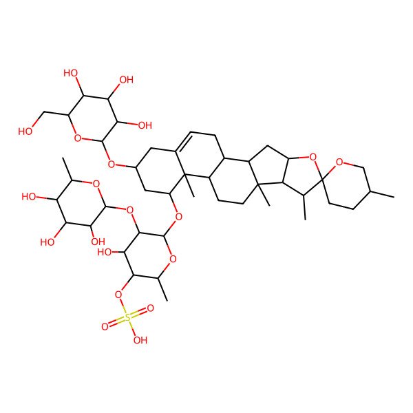 2D Structure of [(2R,3R,4R,5R,6R)-4-hydroxy-2-methyl-6-[(1S,2S,4S,5'R,6R,7S,8R,9S,12S,13R,14R,16R)-5',7,9,13-tetramethyl-16-[(2R,3R,4S,5S,6R)-3,4,5-trihydroxy-6-(hydroxymethyl)oxan-2-yl]oxyspiro[5-oxapentacyclo[10.8.0.02,9.04,8.013,18]icos-18-ene-6,2'-oxane]-14-yl]oxy-5-[(2S,3R,4R,5R,6S)-3,4,5-trihydroxy-6-methyloxan-2-yl]oxyoxan-3-yl] hydrogen sulfate