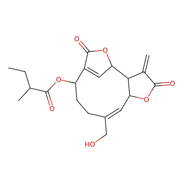 2D Structure of [(1R,2S,6R,7E,11R)-8-(hydroxymethyl)-3-methylidene-4,13-dioxo-5,14-dioxatricyclo[10.2.1.02,6]pentadeca-7,12(15)-dien-11-yl] 2-methylbutanoate