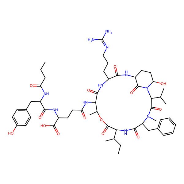 2D Structure of 5-[[5-Benzyl-8-butan-2-yl-15-[3-(diaminomethylideneamino)propyl]-21-hydroxy-4,11-dimethyl-3,6,9,13,16,22-hexaoxo-2-propan-2-yl-10-oxa-1,4,7,14,17-pentazabicyclo[16.3.1]docosan-12-yl]amino]-2-[[2-(butanoylamino)-3-(4-hydroxyphenyl)propanoyl]amino]-5-oxopentanoic acid