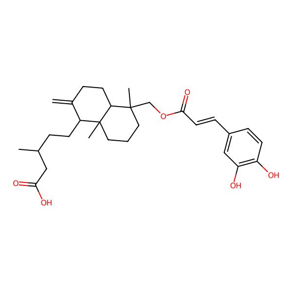 2D Structure of (3S)-5-[(1R,4aS,5S,8aS)-5-[[(E)-3-(3,4-dihydroxyphenyl)prop-2-enoyl]oxymethyl]-5,8a-dimethyl-2-methylidene-3,4,4a,6,7,8-hexahydro-1H-naphthalen-1-yl]-3-methylpentanoic acid