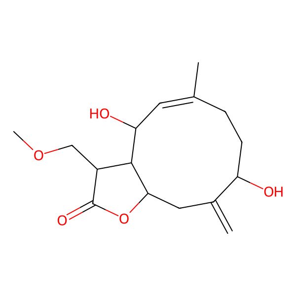 2D Structure of (3S,3aS,4R,5E,9R,11aS)-4,9-dihydroxy-3-(methoxymethyl)-6-methyl-10-methylidene-3,3a,4,7,8,9,11,11a-octahydrocyclodeca[b]furan-2-one