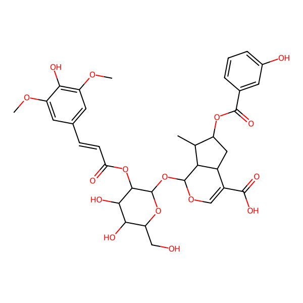 2D Structure of (1S,4aR,6S,7S,7aR)-1-[(2S,3R,4S,5R,6S)-4,5-dihydroxy-3-[(E)-3-(4-hydroxy-3,5-dimethoxyphenyl)prop-2-enoyl]oxy-6-(hydroxymethyl)oxan-2-yl]oxy-6-(3-hydroxybenzoyl)oxy-7-methyl-1,4a,5,6,7,7a-hexahydrocyclopenta[c]pyran-4-carboxylic acid