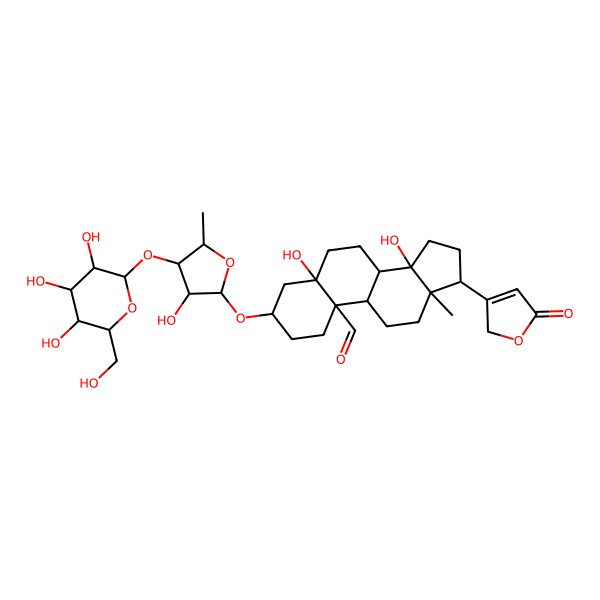 2D Structure of (3S,5S,8S,9S,10S,13R,14S,17R)-5,14-dihydroxy-3-[(2S,3S,4S,5R)-3-hydroxy-5-methyl-4-[(2S,3R,4S,5S,6R)-3,4,5-trihydroxy-6-(hydroxymethyl)oxan-2-yl]oxyoxolan-2-yl]oxy-13-methyl-17-(5-oxo-2H-furan-3-yl)-2,3,4,6,7,8,9,11,12,15,16,17-dodecahydro-1H-cyclopenta[a]phenanthrene-10-carbaldehyde