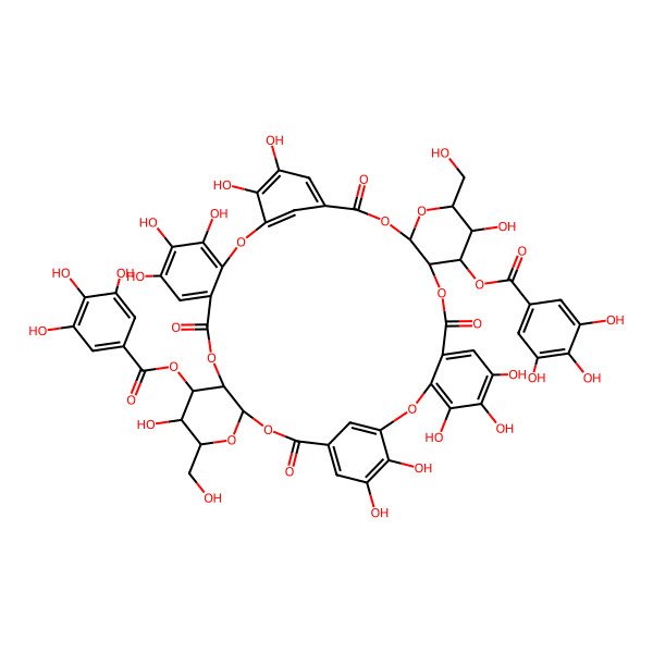 2D Structure of [4,5,6,13,21,22,26,27,28,35,43,44-Dodecahydroxy-14,36-bis(hydroxymethyl)-9,18,31,40-tetraoxo-34-(3,4,5-trihydroxybenzoyl)oxy-2,10,15,17,24,32,37,39-octaoxaheptacyclo[39.3.1.119,23.03,8.011,16.025,30.033,38]hexatetraconta-1(45),3,5,7,19,21,23(46),25,27,29,41,43-dodecaen-12-yl] 3,4,5-trihydroxybenzoate