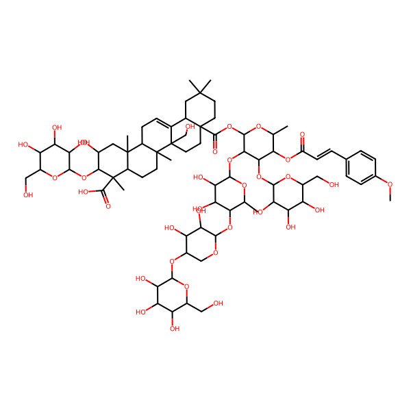 2D Structure of (2S,3R,4S,4aR,6aR,6bR,8aS,12aS,14aR,14bR)-8a-[(2S,3R,4S,5S,6R)-3-[(2S,3R,4S,5R,6S)-5-[(2S,3R,4R,5R)-3,4-dihydroxy-5-[(2S,3R,4S,5R,6R)-3,4,5-trihydroxy-6-(hydroxymethyl)oxan-2-yl]oxyoxan-2-yl]oxy-3,4-dihydroxy-6-methyloxan-2-yl]oxy-5-[(E)-3-(4-methoxyphenyl)prop-2-enoyl]oxy-6-methyl-4-[(2S,3R,4S,5S,6R)-3,4,5-trihydroxy-6-(hydroxymethyl)oxan-2-yl]oxyoxan-2-yl]oxycarbonyl-2-hydroxy-6b-(hydroxymethyl)-4,6a,11,11,14b-pentamethyl-3-[(2S,3R,4S,5S,6R)-3,4,5-trihydroxy-6-(hydroxymethyl)oxan-2-yl]oxy-1,2,3,4a,5,6,7,8,9,10,12,12a,14,14a-tetradecahydropicene-4-carboxylic acid
