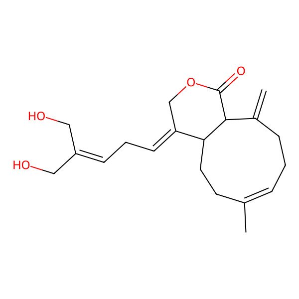2D Structure of 4-[5-Hydroxy-4-(hydroxymethyl)pent-3-enylidene]-7-methyl-11-methylidene-4a,5,6,9,10,11a-hexahydrocyclonona[c]pyran-1-one