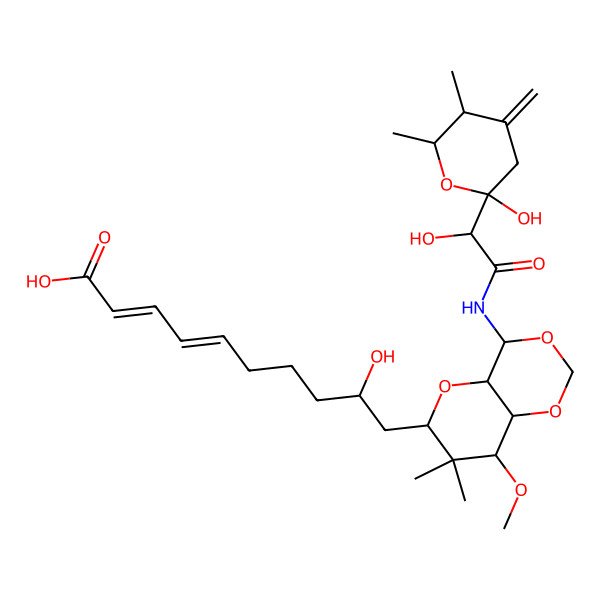 2D Structure of 9-hydroxy-10-[4-[[2-hydroxy-2-(2-hydroxy-5,6-dimethyl-4-methylideneoxan-2-yl)acetyl]amino]-8-methoxy-7,7-dimethyl-4a,6,8,8a-tetrahydro-4H-pyrano[3,2-d][1,3]dioxin-6-yl]deca-2,4-dienoic acid