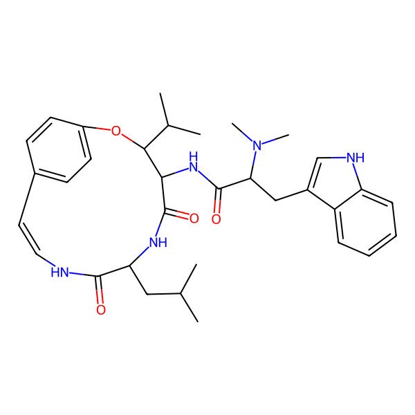 2D Structure of 2-(dimethylamino)-3-(1H-indol-3-yl)-N-[7-(2-methylpropyl)-5,8-dioxo-3-propan-2-yl-2-oxa-6,9-diazabicyclo[10.2.2]hexadeca-1(14),10,12,15-tetraen-4-yl]propanamide