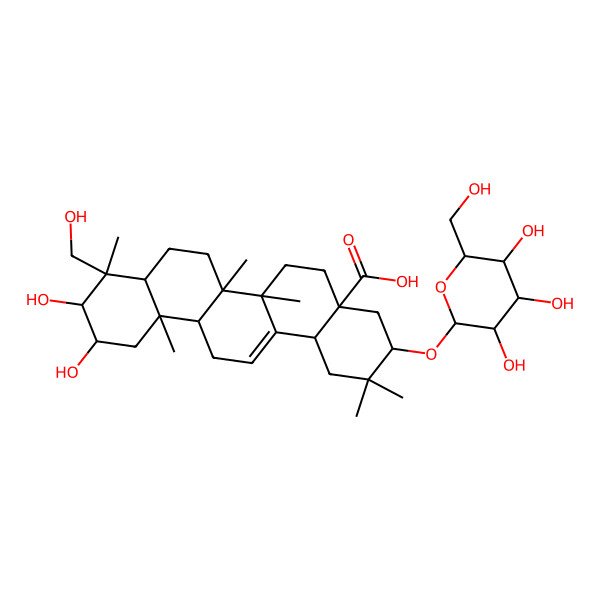 2D Structure of 10,11-Dihydroxy-9-(hydroxymethyl)-2,2,6a,6b,9,12a-hexamethyl-3-[3,4,5-trihydroxy-6-(hydroxymethyl)oxan-2-yl]oxy-1,3,4,5,6,6a,7,8,8a,10,11,12,13,14b-tetradecahydropicene-4a-carboxylic acid