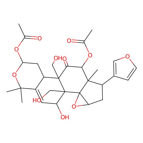 2D Structure of [(1R,2R,4R,8S,10S)-8-acetyloxy-6-(furan-3-yl)-18-hydroxy-1,10-bis(hydroxymethyl)-7,15,15-trimethyl-9-oxo-3,14-dioxapentacyclo[8.8.0.02,4.02,7.011,16]octadec-16-en-13-yl] acetate