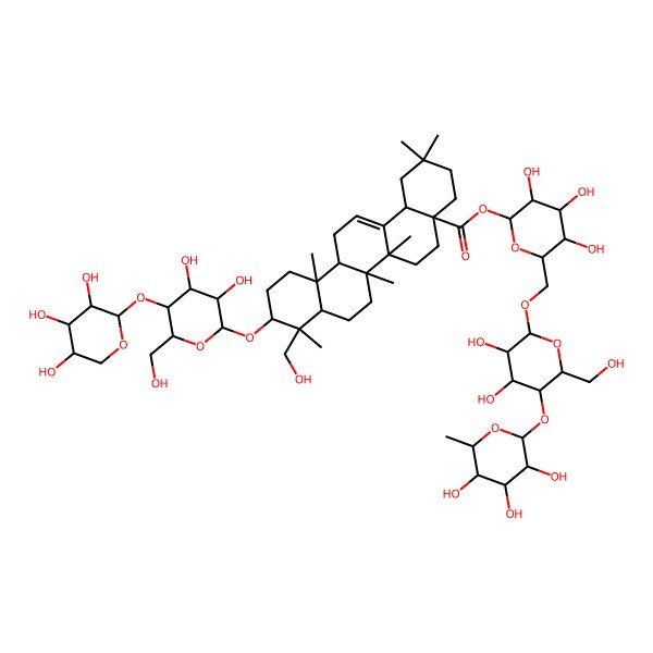 2D Structure of [6-[[3,4-Dihydroxy-6-(hydroxymethyl)-5-(3,4,5-trihydroxy-6-methyloxan-2-yl)oxyoxan-2-yl]oxymethyl]-3,4,5-trihydroxyoxan-2-yl] 10-[3,4-dihydroxy-6-(hydroxymethyl)-5-(3,4,5-trihydroxyoxan-2-yl)oxyoxan-2-yl]oxy-9-(hydroxymethyl)-2,2,6a,6b,9,12a-hexamethyl-1,3,4,5,6,6a,7,8,8a,10,11,12,13,14b-tetradecahydropicene-4a-carboxylate