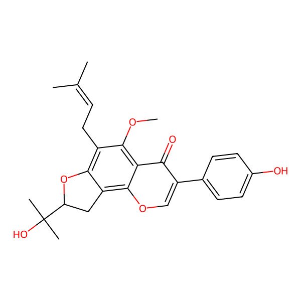 2D Structure of 3-(4-Hydroxyphenyl)-8-(2-hydroxypropan-2-yl)-5-methoxy-6-(3-methylbut-2-enyl)-8,9-dihydrofuro[2,3-h]chromen-4-one
