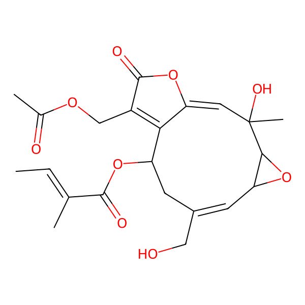 2D Structure of [(1E,3S,4R,6R,7E,10S)-12-(acetyloxymethyl)-3-hydroxy-8-(hydroxymethyl)-3-methyl-13-oxo-5,14-dioxatricyclo[9.3.0.04,6]tetradeca-1,7,11-trien-10-yl] (Z)-2-methylbut-2-enoate