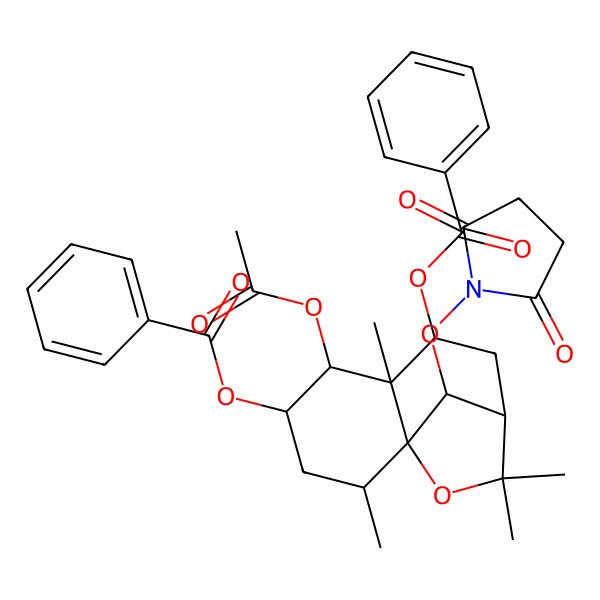 2D Structure of [(1S,2R,4S,5R,6R,7S,9R,12R)-5-acetyloxy-7-benzoyloxy-12-(2,5-dioxopyrrolidin-1-yl)oxy-2,6,10,10-tetramethyl-11-oxatricyclo[7.2.1.01,6]dodecan-4-yl] benzoate