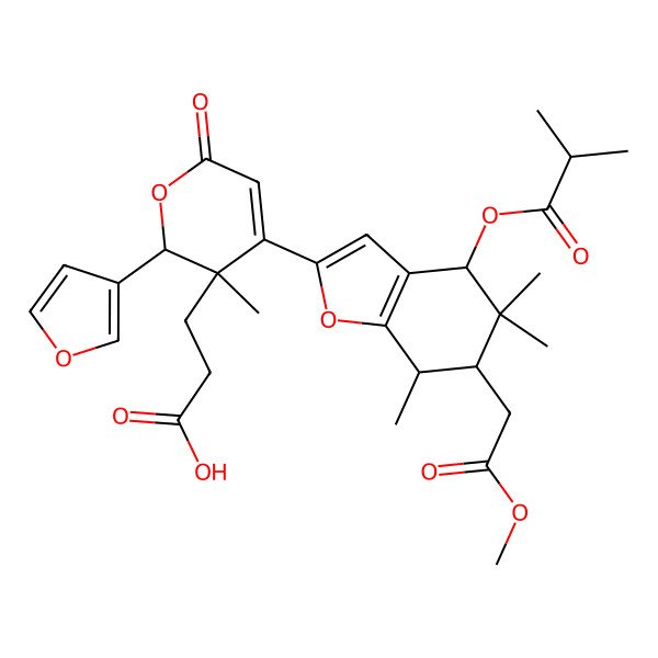 2D Structure of 3-[(2R,3R)-2-(furan-3-yl)-4-[(4R,6R,7R)-6-(2-methoxy-2-oxoethyl)-5,5,7-trimethyl-4-(2-methylpropanoyloxy)-6,7-dihydro-4H-1-benzofuran-2-yl]-3-methyl-6-oxo-2H-pyran-3-yl]propanoic acid
