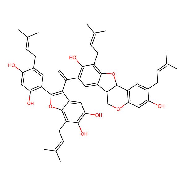 2D Structure of 8-[1-[2-[2,4-dihydroxy-5-(3-methylbut-2-enyl)phenyl]-5,6-dihydroxy-7-(3-methylbut-2-enyl)-1-benzofuran-3-yl]ethenyl]-2,10-bis(3-methylbut-2-enyl)-6a,11a-dihydro-6H-[1]benzofuro[3,2-c]chromene-3,9-diol
