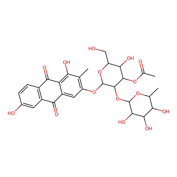 2D Structure of [2-(4,7-Dihydroxy-3-methyl-9,10-dioxoanthracen-2-yl)oxy-5-hydroxy-6-(hydroxymethyl)-3-(3,4,5-trihydroxy-6-methyloxan-2-yl)oxyoxan-4-yl] acetate