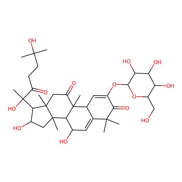 2D Structure of (7S,8S,9R,10R,13R,14S,16R,17R)-17-[(2R)-2,6-dihydroxy-6-methyl-3-oxoheptan-2-yl]-7,16-dihydroxy-4,4,9,13,14-pentamethyl-2-[(2S,3R,4S,5S,6R)-3,4,5-trihydroxy-6-(hydroxymethyl)oxan-2-yl]oxy-8,10,12,15,16,17-hexahydro-7H-cyclopenta[a]phenanthrene-3,11-dione