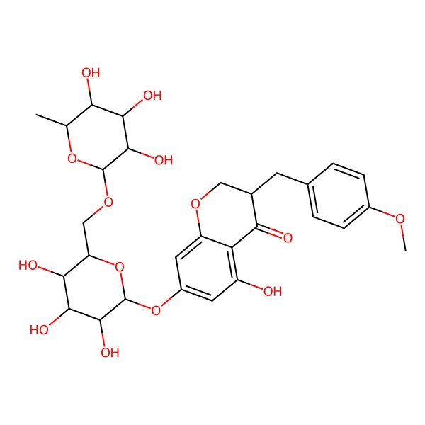 2D Structure of 5-Hydroxy-3-[(4-methoxyphenyl)methyl]-7-[3,4,5-trihydroxy-6-[(3,4,5-trihydroxy-6-methyloxan-2-yl)oxymethyl]oxan-2-yl]oxy-2,3-dihydrochromen-4-one