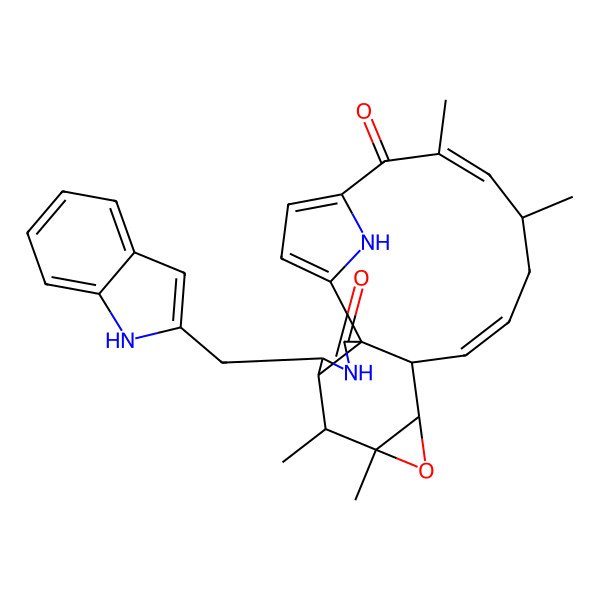 2D Structure of (2S,5R,6S,7S,8R,10S,11R,12E,15R,16E)-5-(1H-indol-2-ylmethyl)-7,8,15,17-tetramethyl-9-oxa-4,22-diazapentacyclo[17.2.1.02,6.02,11.08,10]docosa-1(21),12,16,19-tetraene-3,18-dione