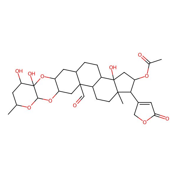 2D Structure of [14-formyl-5,6,22-trihydroxy-8,18-dimethyl-19-(5-oxo-2H-furan-3-yl)-4,9,11-trioxahexacyclo[12.11.0.03,12.05,10.015,23.018,22]pentacosan-20-yl] acetate
