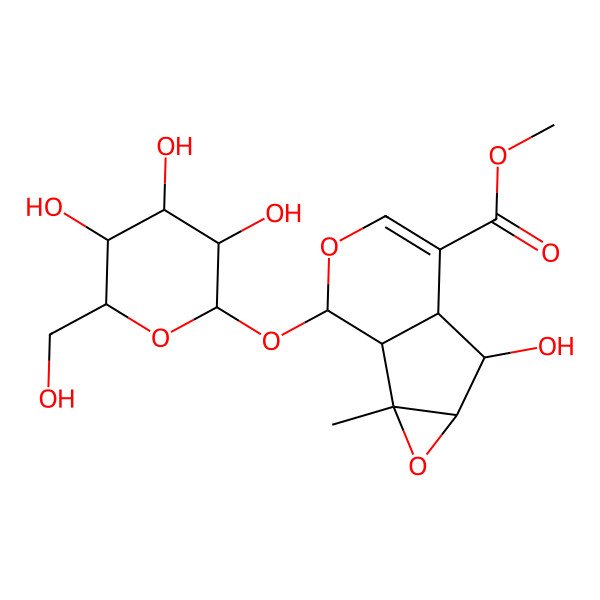 2D Structure of Methyl 5-hydroxy-2-methyl-10-[3,4,5-trihydroxy-6-(hydroxymethyl)oxan-2-yl]oxy-3,9-dioxatricyclo[4.4.0.02,4]dec-7-ene-7-carboxylate
