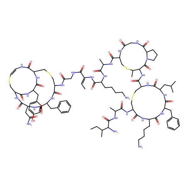 2D Structure of N-[1-[[6-amino-1-[[(Z)-1-[[2-[[(17Z)-4-(2-amino-2-oxoethyl)-7-benzyl-23-[(4-hydroxyphenyl)methyl]-3,6,9,15,21,24-hexaoxo-12,19-dithia-2,5,8,16,22,25-hexazabicyclo[12.6.5]pentacos-17-en-10-yl]amino]-2-oxoethyl]amino]-1-oxobut-2-en-2-yl]amino]-1-oxohexan-2-yl]amino]-1-oxopropan-2-yl]-3-[[12-(4-aminobutyl)-15-[2-[(2-amino-3-methylpentanoyl)amino]propanoylamino]-9-benzyl-6-(2-methylpropyl)-5,8,11,14-tetraoxo-1-thia-4,7,10,13-tetrazacyclohexadecane-3-carbonyl]amino]-4-methyl-2,9,12-trioxo-5-thia-1,8,11-triazabicyclo[11.3.0]hexadecane-7-carboxamide