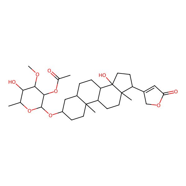 2D Structure of [(2S,3S,4S,5S,6S)-5-hydroxy-2-[[(3S,5R,8S,9R,10S,13R,14S,17R)-14-hydroxy-10,13-dimethyl-17-(5-oxo-2H-furan-3-yl)-1,2,3,4,5,6,7,8,9,11,12,15,16,17-tetradecahydrocyclopenta[a]phenanthren-3-yl]oxy]-4-methoxy-6-methyloxan-3-yl] acetate