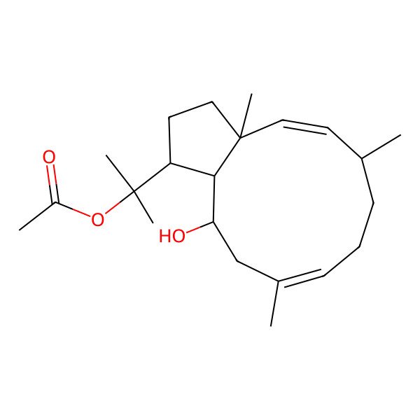 2D Structure of 2-[(1R,3aR,4E,6S,9E,12S,12aS)-12-hydroxy-3a,6,10-trimethyl-2,3,6,7,8,11,12,12a-octahydro-1H-cyclopenta[11]annulen-1-yl]propan-2-yl acetate