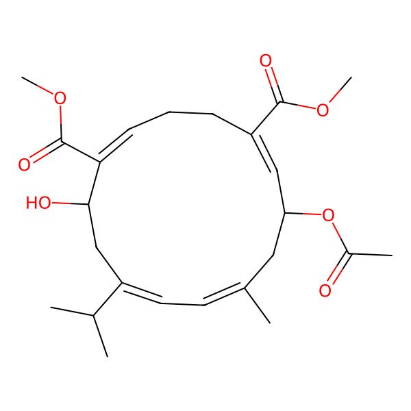 2D Structure of dimethyl (1Z,5Z,7R,9E,11E,14R)-7-acetyloxy-14-hydroxy-9-methyl-12-propan-2-ylcyclotetradeca-1,5,9,11-tetraene-1,5-dicarboxylate