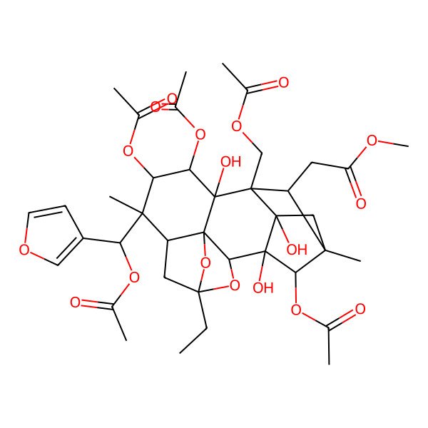 2D Structure of methyl 2-[(1S,2R,3R,5S,7R,8R,9R,10R,11R,12S,13S,14R,16R,17S)-9,10,17-triacetyloxy-8-[(S)-acetyloxy(furan-3-yl)methyl]-12-(acetyloxymethyl)-5-ethyl-1,11,16-trihydroxy-8,14-dimethyl-4,18-dioxahexacyclo[12.2.1.12,5.03,7.03,11.012,16]octadecan-13-yl]acetate