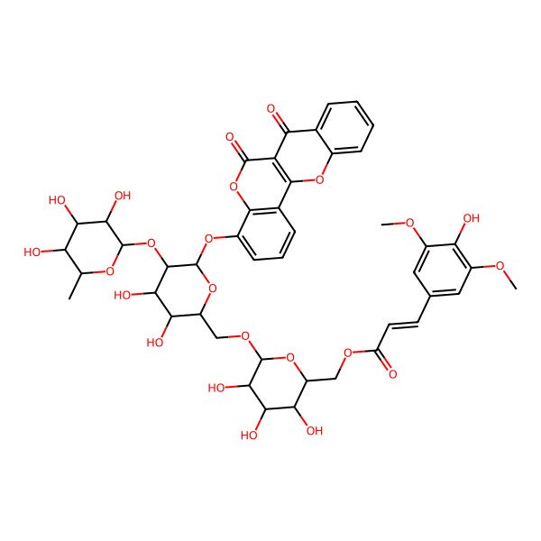 2D Structure of [(2R,3S,4S,5R,6R)-6-[[(2R,3S,4S,5R,6S)-6-(6,7-dioxochromeno[4,3-b]chromen-4-yl)oxy-3,4-dihydroxy-5-[(2S,3R,4R,5R,6S)-3,4,5-trihydroxy-6-methyloxan-2-yl]oxyoxan-2-yl]methoxy]-3,4,5-trihydroxyoxan-2-yl]methyl (E)-3-(4-hydroxy-3,5-dimethoxyphenyl)prop-2-enoate