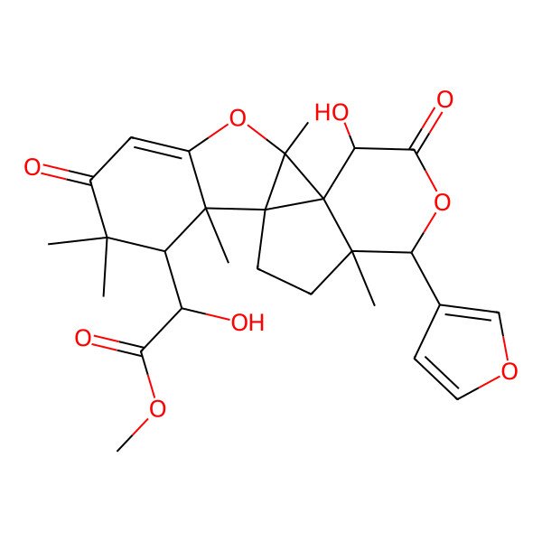 2D Structure of methyl (2R)-2-[(1S,2S,8R,9S,10S,13R,14R,17R)-14-(furan-3-yl)-17-hydroxy-2,7,7,9,13-pentamethyl-6,16-dioxo-3,15-dioxapentacyclo[8.7.0.01,13.02,10.04,9]heptadec-4-en-8-yl]-2-hydroxyacetate