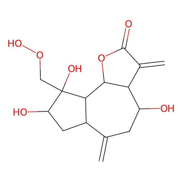 2D Structure of 9-(Hydroperoxymethyl)-4,8,9-trihydroxy-3,6-dimethylidene-3a,4,5,6a,7,8,9a,9b-octahydroazuleno[4,5-b]furan-2-one