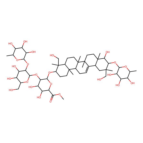 2D Structure of Methyl 5-[4,5-dihydroxy-6-(hydroxymethyl)-3-(3,4,5-trihydroxy-6-methyloxan-2-yl)oxyoxan-2-yl]oxy-3,4-dihydroxy-6-[[9-hydroxy-4,11-bis(hydroxymethyl)-4,6a,6b,8a,11,14b-hexamethyl-10-(3,4,5-trihydroxy-6-methyloxan-2-yl)oxy-1,2,3,4a,5,6,7,8,9,10,12,12a,14,14a-tetradecahydropicen-3-yl]oxy]oxane-2-carboxylate