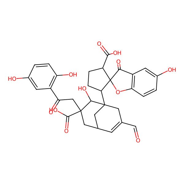 2D Structure of 3'-[7-Carboxy-7-[2-(2,5-dihydroxyphenyl)-2-oxoethyl]-3-formyl-8-hydroxy-1-bicyclo[3.3.1]non-3-enyl]-5-hydroxy-3-oxospiro[1-benzofuran-2,2'-cyclopentane]-1'-carboxylic acid