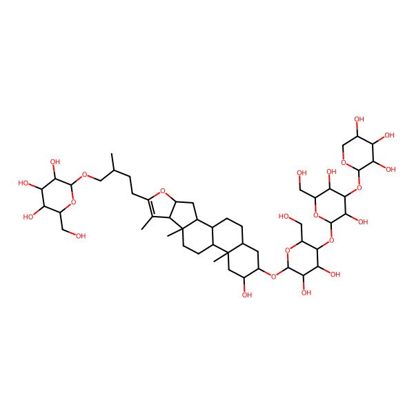 2D Structure of (2R,3R,4S,5S,6R)-2-[(2R)-4-[(1R,2S,4S,8S,9S,12S,13S,15R,16R,18S)-16-[(2R,3R,4R,5R,6R)-5-[(2S,3R,4S,5R,6R)-3,5-dihydroxy-6-(hydroxymethyl)-4-[(2S,3R,4S,5R)-3,4,5-trihydroxyoxan-2-yl]oxyoxan-2-yl]oxy-3,4-dihydroxy-6-(hydroxymethyl)oxan-2-yl]oxy-15-hydroxy-7,9,13-trimethyl-5-oxapentacyclo[10.8.0.02,9.04,8.013,18]icos-6-en-6-yl]-2-methylbutoxy]-6-(hydroxymethyl)oxane-3,4,5-triol