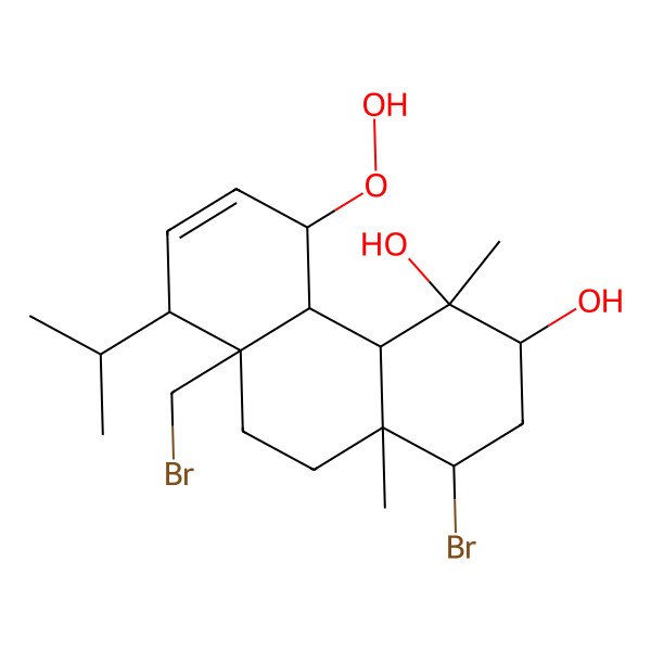 2D Structure of (1S,3S,4S,4aS,4bS,5S,8R,8aS,10aS)-1-bromo-8a-(bromomethyl)-5-hydroperoxy-4,10a-dimethyl-8-propan-2-yl-2,3,4a,4b,5,8,9,10-octahydro-1H-phenanthrene-3,4-diol
