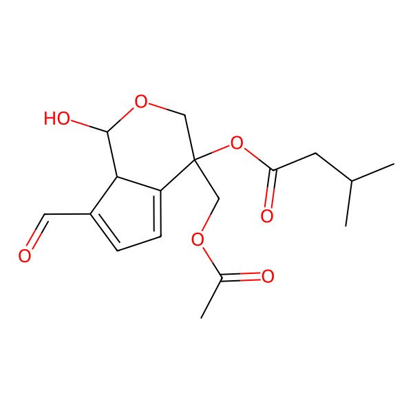 2D Structure of Butanoic acid, 3-methyl-, 4-((acetyloxy)methyl)-7-formyl-1,3,4,7a-tetrahydro-1-hydroxycyclopenta(c)pyran-4-yl ester