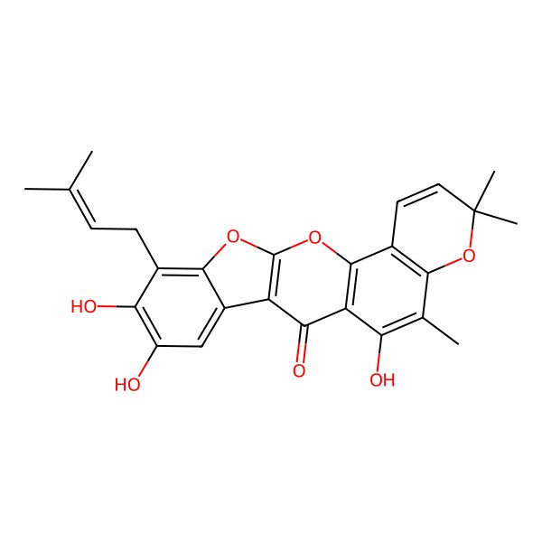 2D Structure of 6,7,21-Trihydroxy-17,17,20-trimethyl-8-(3-methylbut-2-enyl)-10,12,18-trioxapentacyclo[11.8.0.03,11.04,9.014,19]henicosa-1(13),3(11),4,6,8,14(19),15,20-octaen-2-one