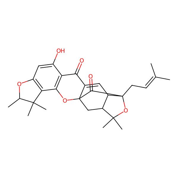2D Structure of 10-Hydroxy-5,5,6,18,18-pentamethyl-16-(3-methylbut-2-enyl)-2,7,17-trioxahexacyclo[14.4.1.01,13.03,11.04,8.015,19]henicosa-3(11),4(8),9,13-tetraene-12,21-dione