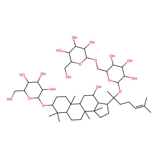 2D Structure of (2R,3S,4S,5R,6R)-2-(hydroxymethyl)-6-[[(2R,3S,4S,5R,6S)-3,4,5-trihydroxy-6-[2-[12-hydroxy-4,4,8,10,14-pentamethyl-3-[(2R,3R,4S,5S,6R)-3,4,5-trihydroxy-6-(hydroxymethyl)oxan-2-yl]oxy-2,3,5,6,7,9,11,12,13,15,16,17-dodecahydro-1H-cyclopenta[a]phenanthren-17-yl]-6-methylhept-5-en-2-yl]oxyoxan-2-yl]methoxy]oxane-3,4,5-triol