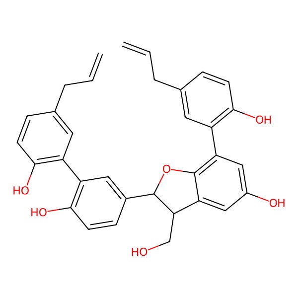 2D Structure of (2S,3R)-2-[4-hydroxy-3-(2-hydroxy-5-prop-2-enylphenyl)phenyl]-3-(hydroxymethyl)-7-(2-hydroxy-5-prop-2-enylphenyl)-2,3-dihydro-1-benzofuran-5-ol