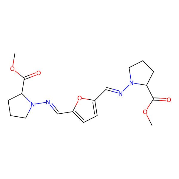 2D Structure of Methyl 1-[[5-[(2-methoxycarbonylpyrrolidin-1-yl)iminomethyl]furan-2-yl]methylideneamino]pyrrolidine-2-carboxylate