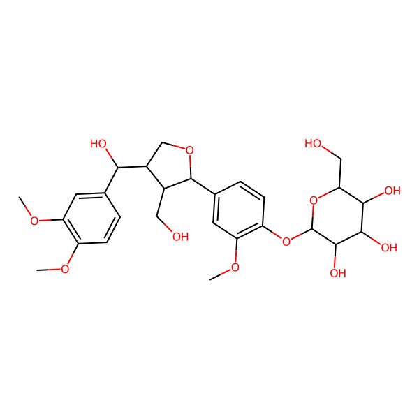 2D Structure of (2S,3R,4S,5S,6R)-2-[4-[(2S,3R,4S)-4-[(R)-(3,4-dimethoxyphenyl)-hydroxymethyl]-3-(hydroxymethyl)oxolan-2-yl]-2-methoxyphenoxy]-6-(hydroxymethyl)oxane-3,4,5-triol